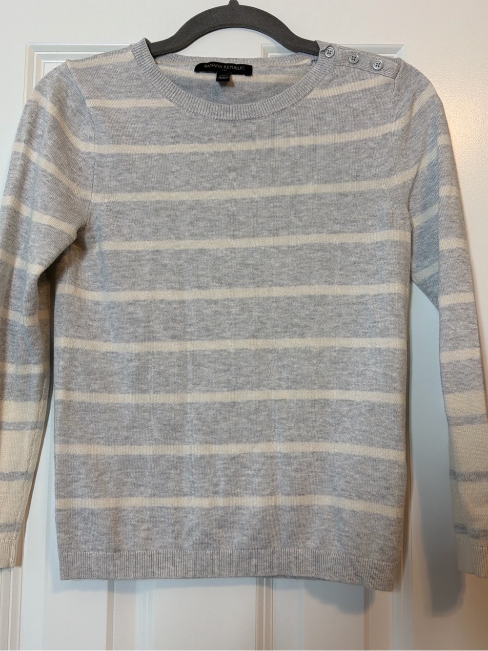 Banana Republic Light Gray & Cream Striped Crewneck Sweater
